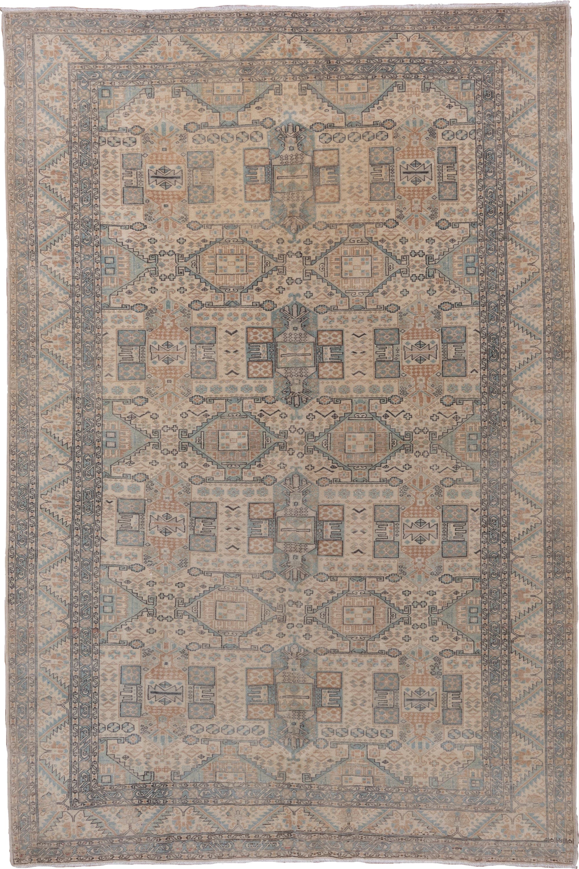 6' x 9' one-of-a-kind handmade vintage Kaisary medium size rug. Color palette: ivory, pale blue, taupe, beige, slate, camel