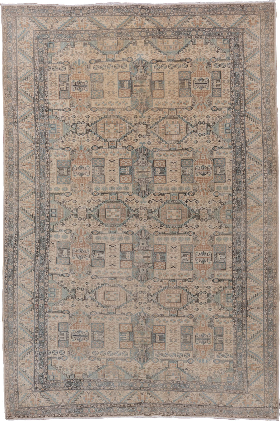 6' x 9' one-of-a-kind handmade vintage Kaisary medium size rug. Color palette: ivory, pale blue, taupe, beige, slate, camel