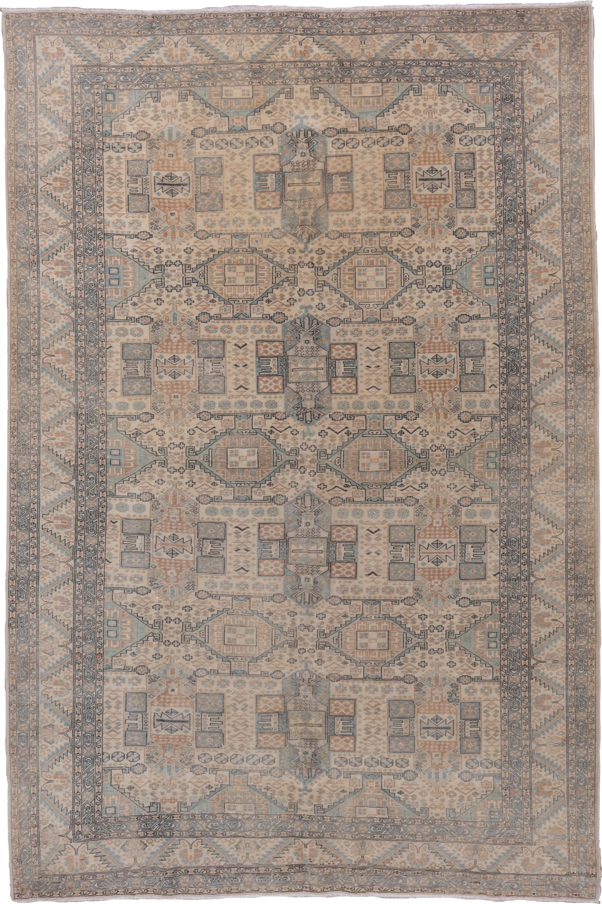 6' x 9' one-of-a-kind handmade vintage Kaisary medium size rug. Color palette: ivory, pale blue, taupe, beige, slate, camel