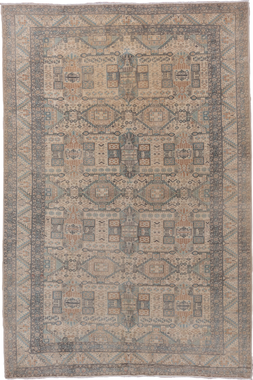 6' x 9' one-of-a-kind handmade vintage Kaisary medium size rug. Color palette: ivory, pale blue, taupe, beige, slate, camel