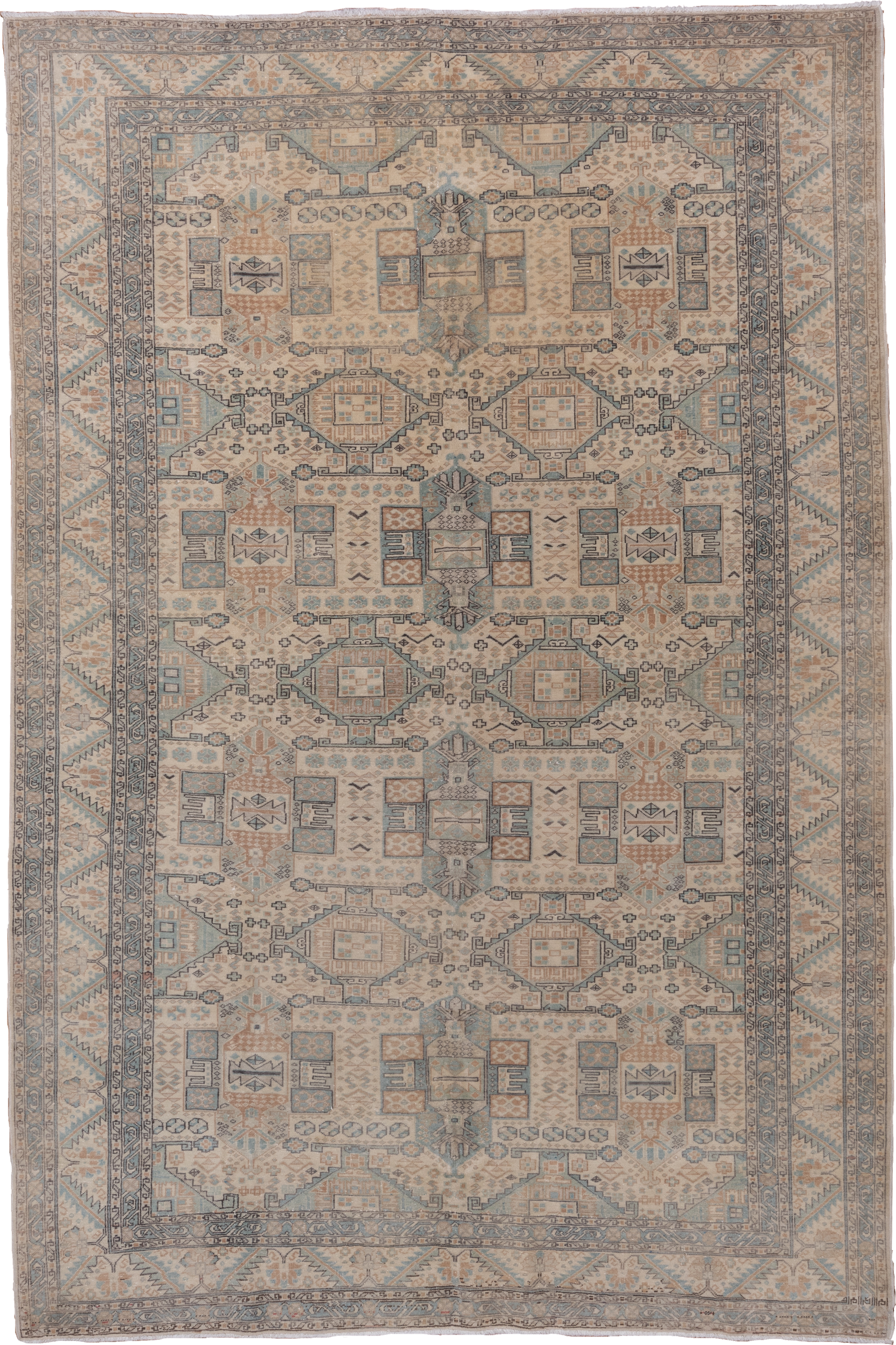 6' x 9' one-of-a-kind handmade vintage Kaisary medium size rug. Color palette: ivory, pale blue, taupe, beige, slate, camel