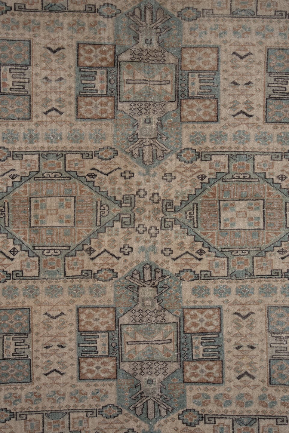 6' x 9' one-of-a-kind handmade vintage Kaisary medium size rug. Color palette: ivory, pale blue, taupe, beige, slate, camel