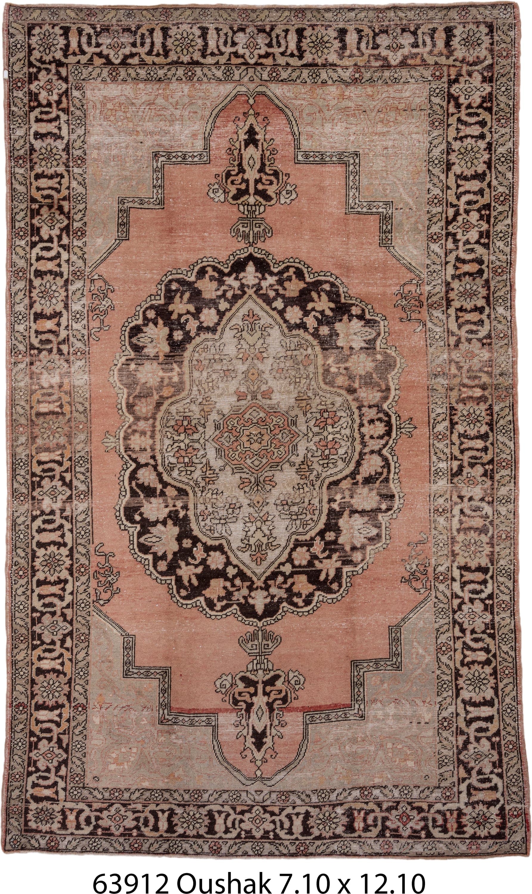 7' x 12' one-of-a-kind handmade vintage Oushak large size rug. Color palette: blush, ivory, charcoal, taupe, rose, beige