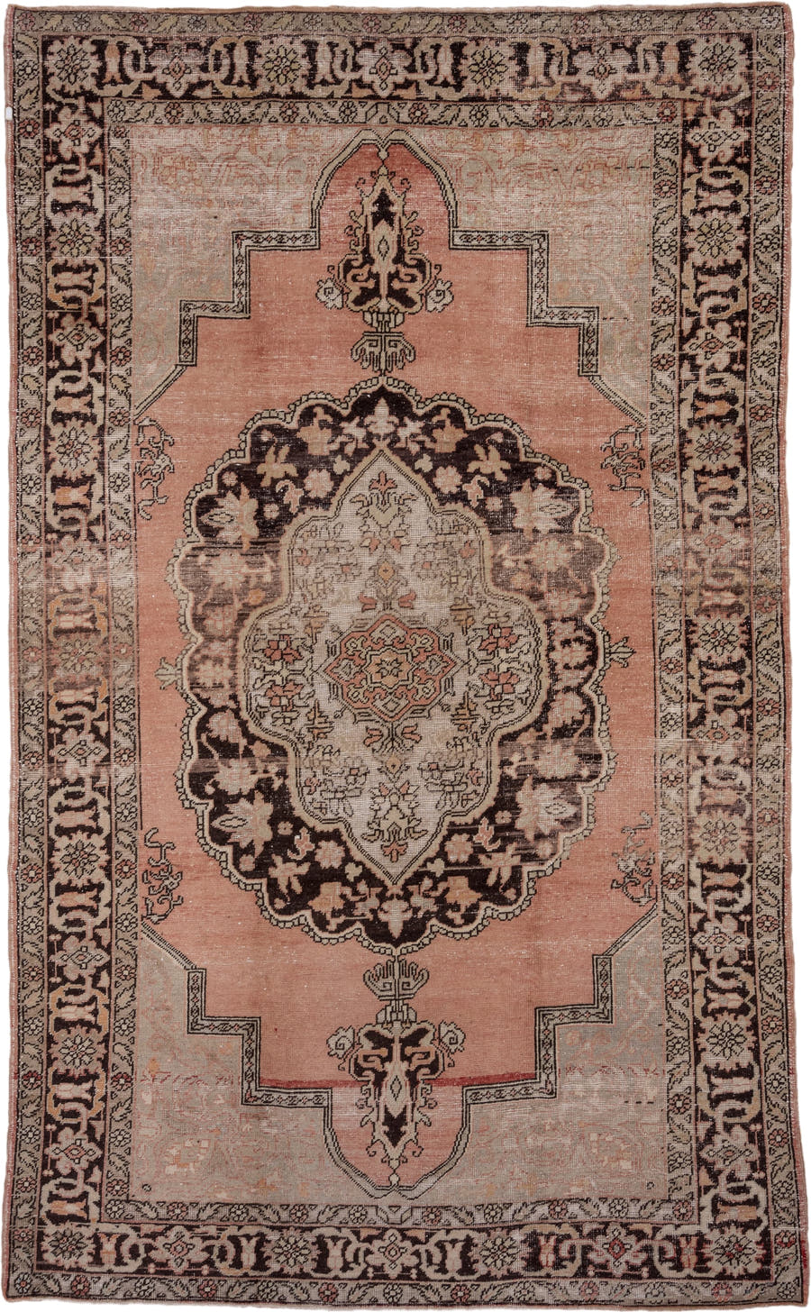 7' x 12' one-of-a-kind handmade vintage Oushak large size rug. Color palette: blush, ivory, charcoal, taupe, rose, beige
