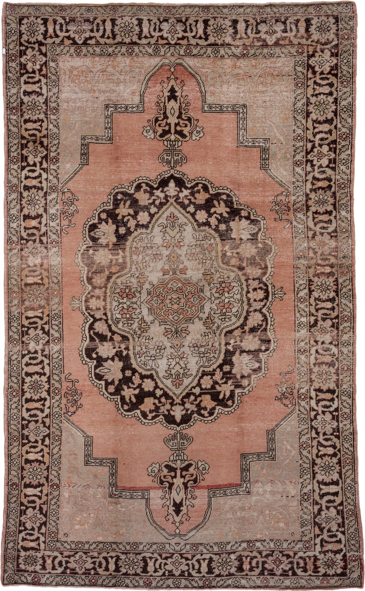 7' x 12' one-of-a-kind handmade vintage Oushak large size rug. Color palette: blush, ivory, charcoal, taupe, rose, beige
