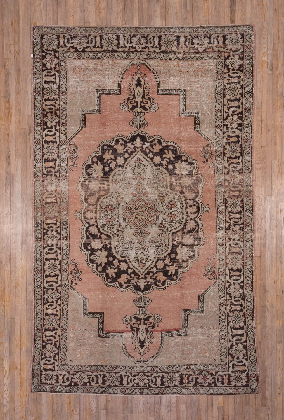 7' x 12' one-of-a-kind handmade vintage Oushak large size rug. Color palette: blush, ivory, charcoal, taupe, rose, beige