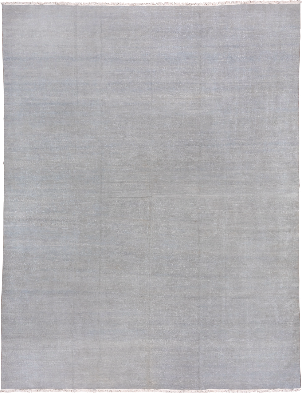 11' x 14' one-of-a-kind handmade vintage Dhurrie oversize rug. Color palette: pale blue, silver, ivory, light blue, gray