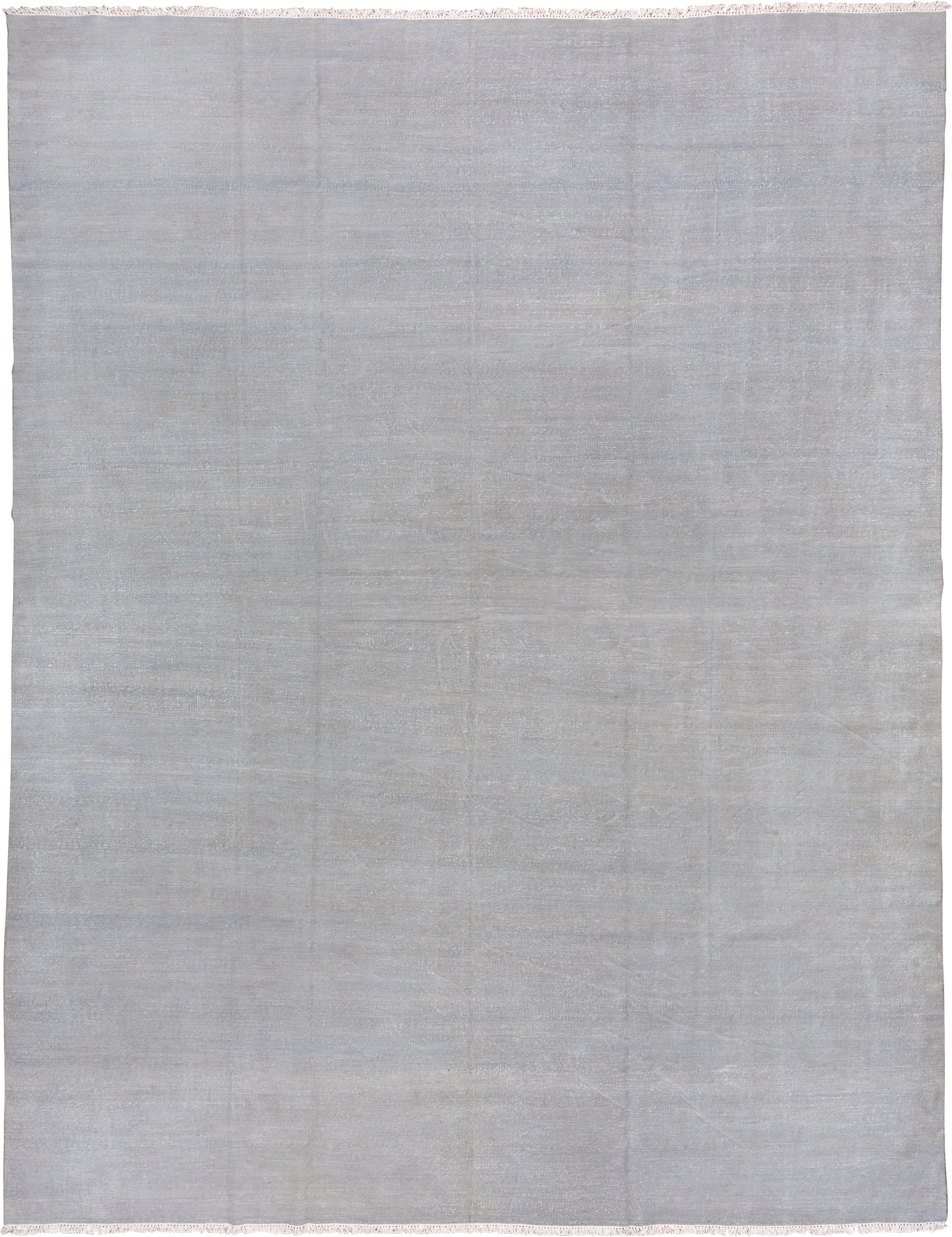 11' x 14' one-of-a-kind handmade vintage Dhurrie oversize rug. Color palette: pale blue, silver, ivory, light blue, gray
