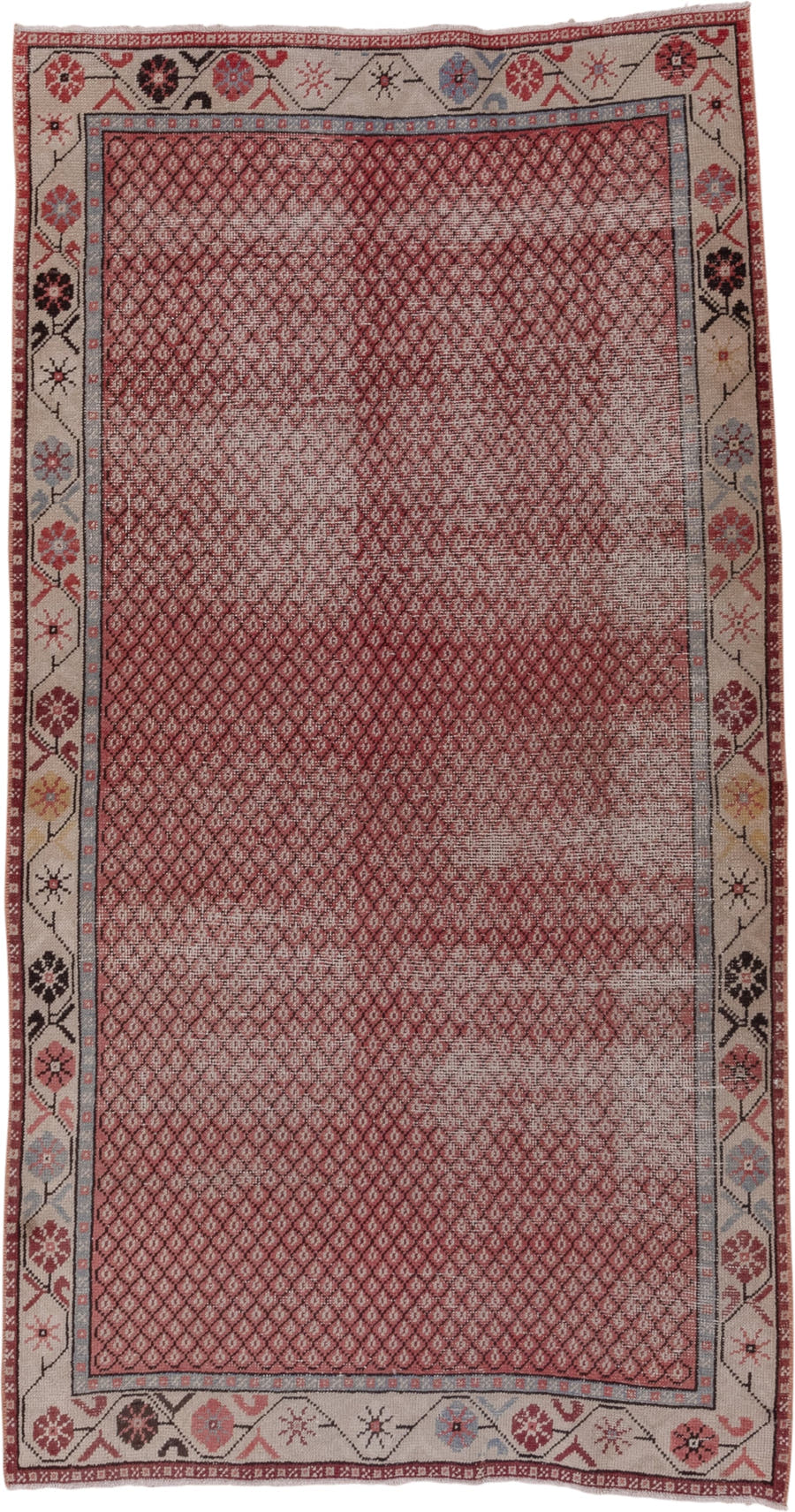 4' x 7' one-of-a-kind handmade vintage Oushak rug. Color palette: rose, ivory, dusty blue, charcoal, gold, crimson, pink