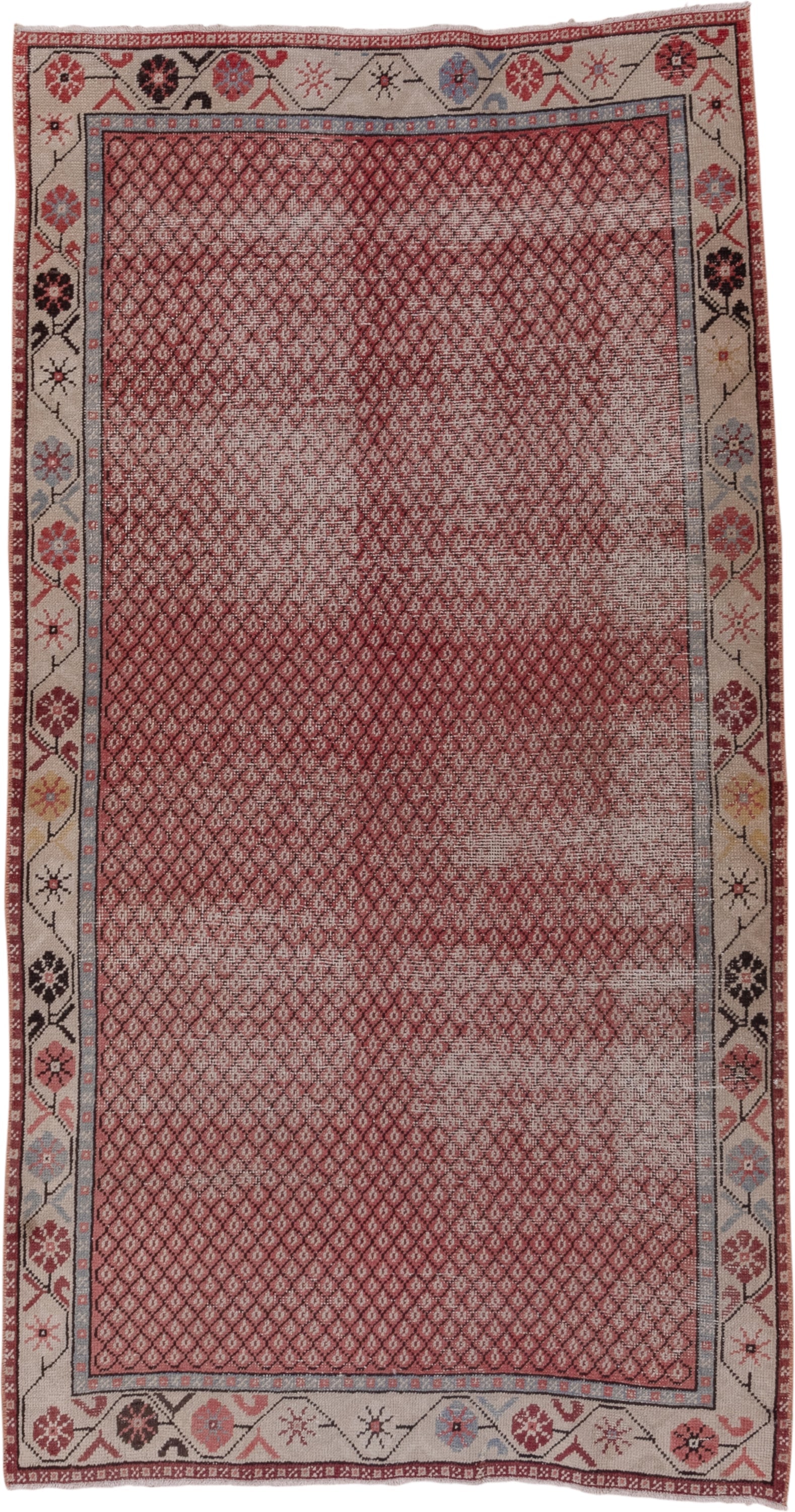4' x 7' one-of-a-kind handmade vintage Oushak rug. Color palette: rose, ivory, dusty blue, charcoal, gold, crimson, pink