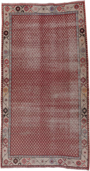 4' x 7' one-of-a-kind handmade vintage Oushak rug. Color palette: rose, ivory, dusty blue, charcoal, gold, crimson, pink