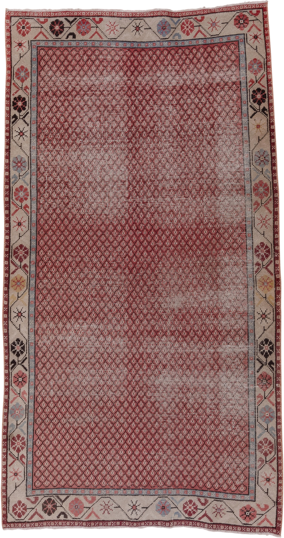 4' x 7' one-of-a-kind handmade vintage Oushak rug. Color palette: rose, ivory, dusty blue, charcoal, gold, crimson, pink