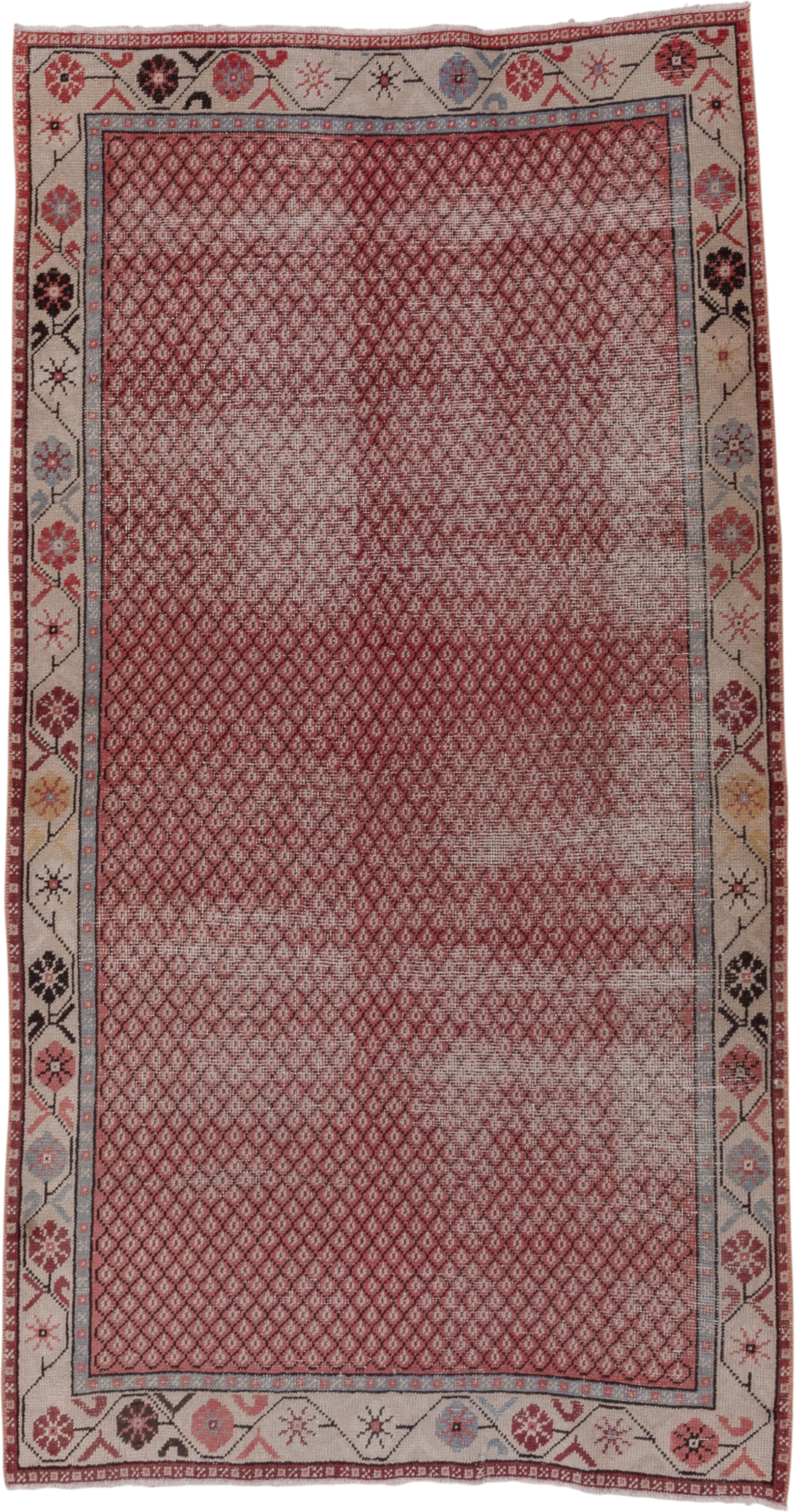 4' x 7' one-of-a-kind handmade vintage Oushak rug. Color palette: rose, ivory, dusty blue, charcoal, gold, crimson, pink