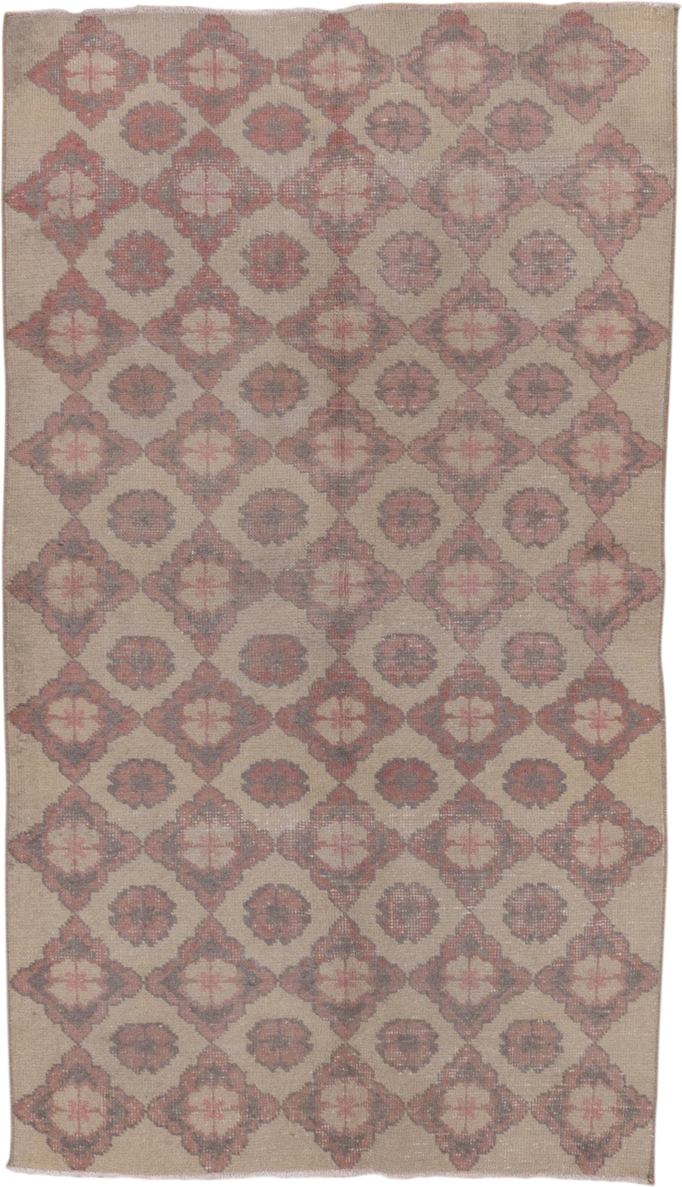 4' x 7' one-of-a-kind handmade vintage Oushak rug. Color palette: taupe, dusty rose, ivory, beige, soft brown, gray, pink