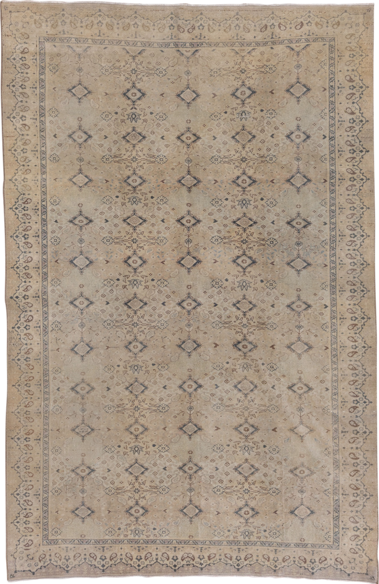 6' x 9' one-of-a-kind handmade vintage Kaisary medium size rug. Color palette: beige, ivory, taupe, slate, camel, brown
