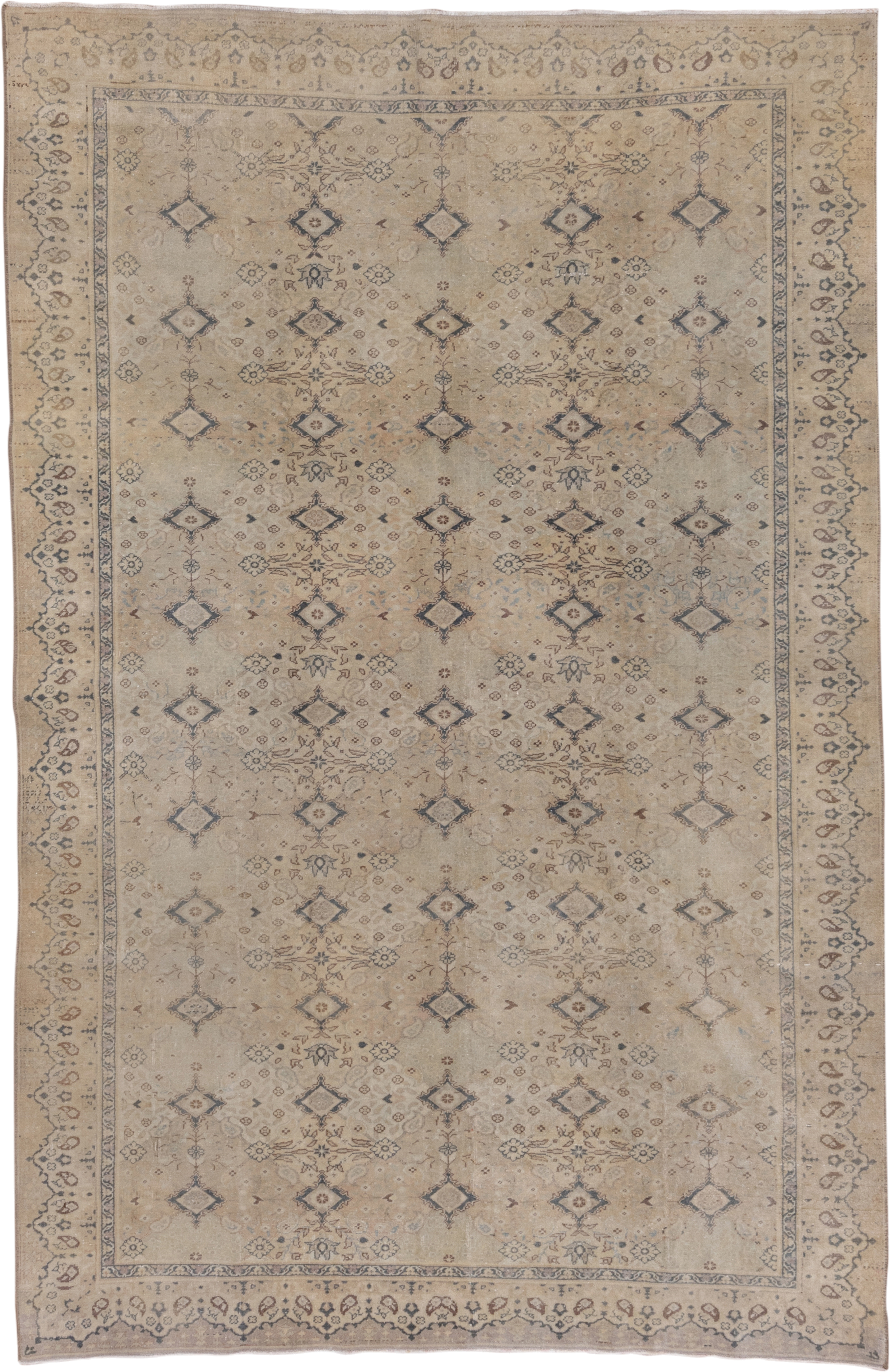 6' x 9' one-of-a-kind handmade vintage Kaisary medium size rug. Color palette: beige, ivory, taupe, slate, camel, brown