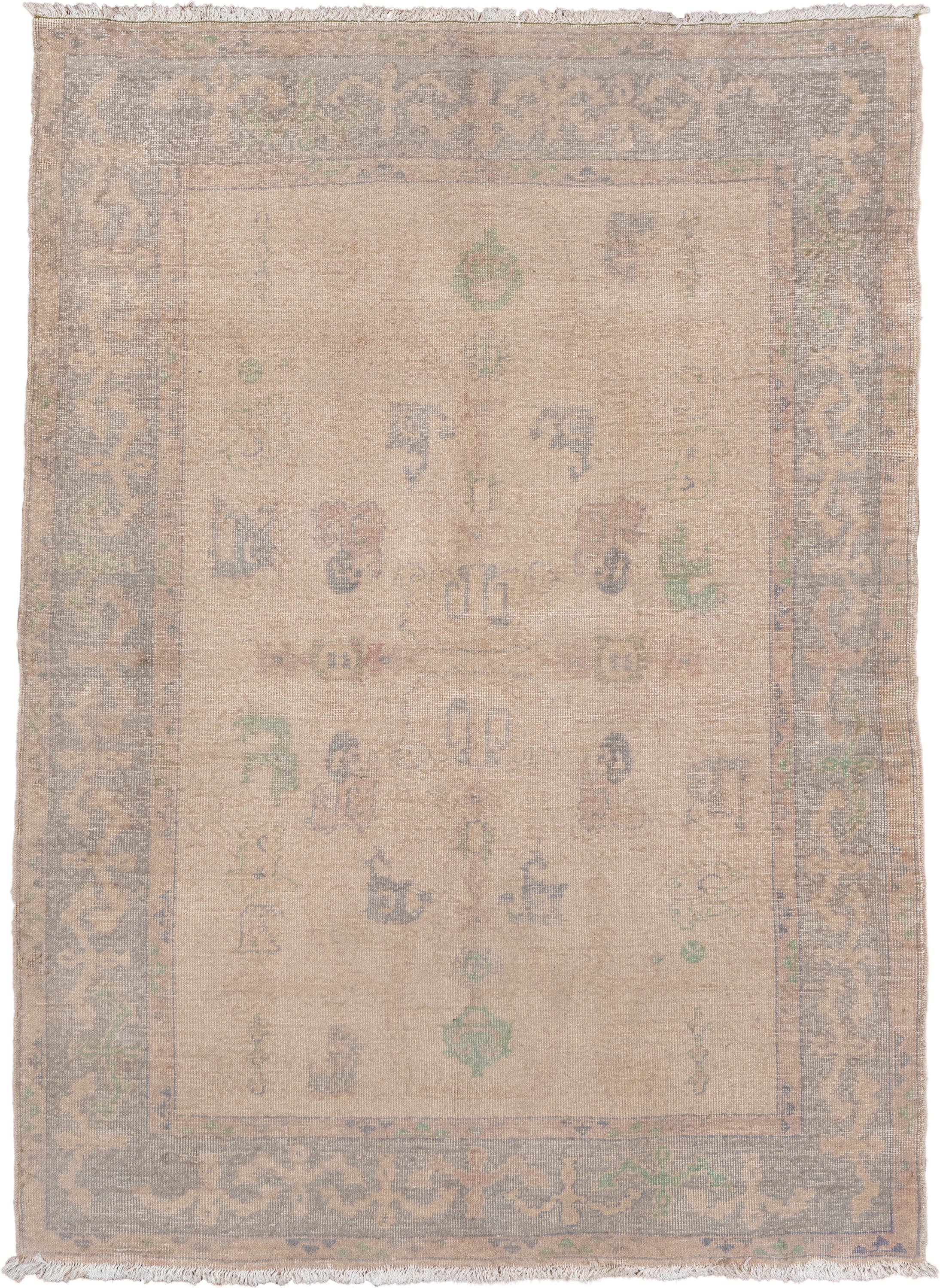 5' x 8' one-of-a-kind handmade vintage Oushak medium size rug. Color palette: ivory, taupe, gray, sage, blush, slate, beige