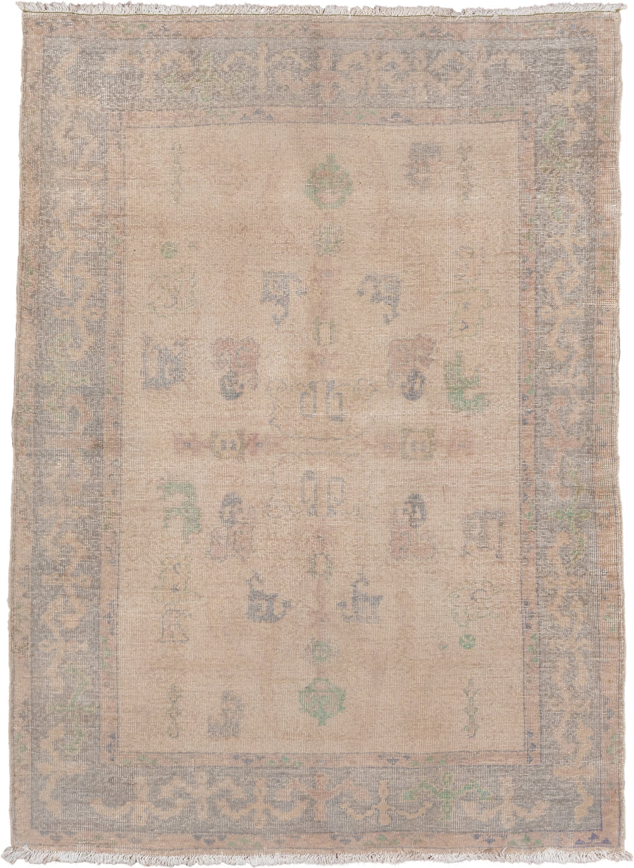 5' x 8' one-of-a-kind handmade vintage Oushak medium size rug. Color palette: ivory, taupe, gray, sage, blush, slate, beige