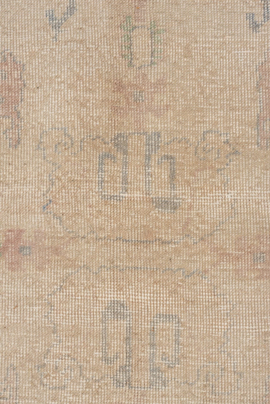 5' x 8' one-of-a-kind handmade vintage Oushak medium size rug. Color palette: ivory, taupe, gray, sage, blush, slate, beige