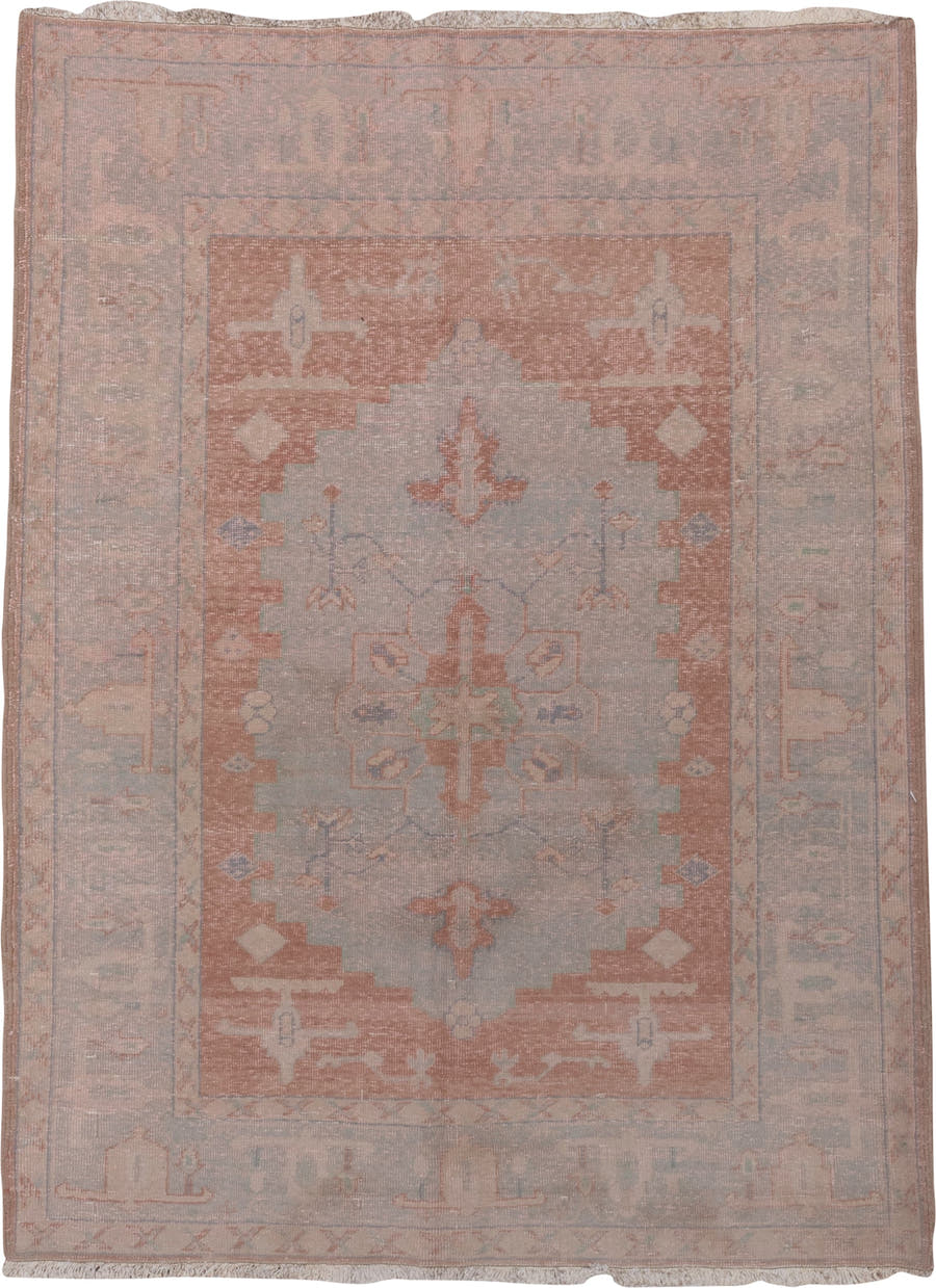 5' x 7' one-of-a-kind handmade vintage Oushak medium size rug. Color palette: blush, dusty rose, pale blue, ivory, taupe