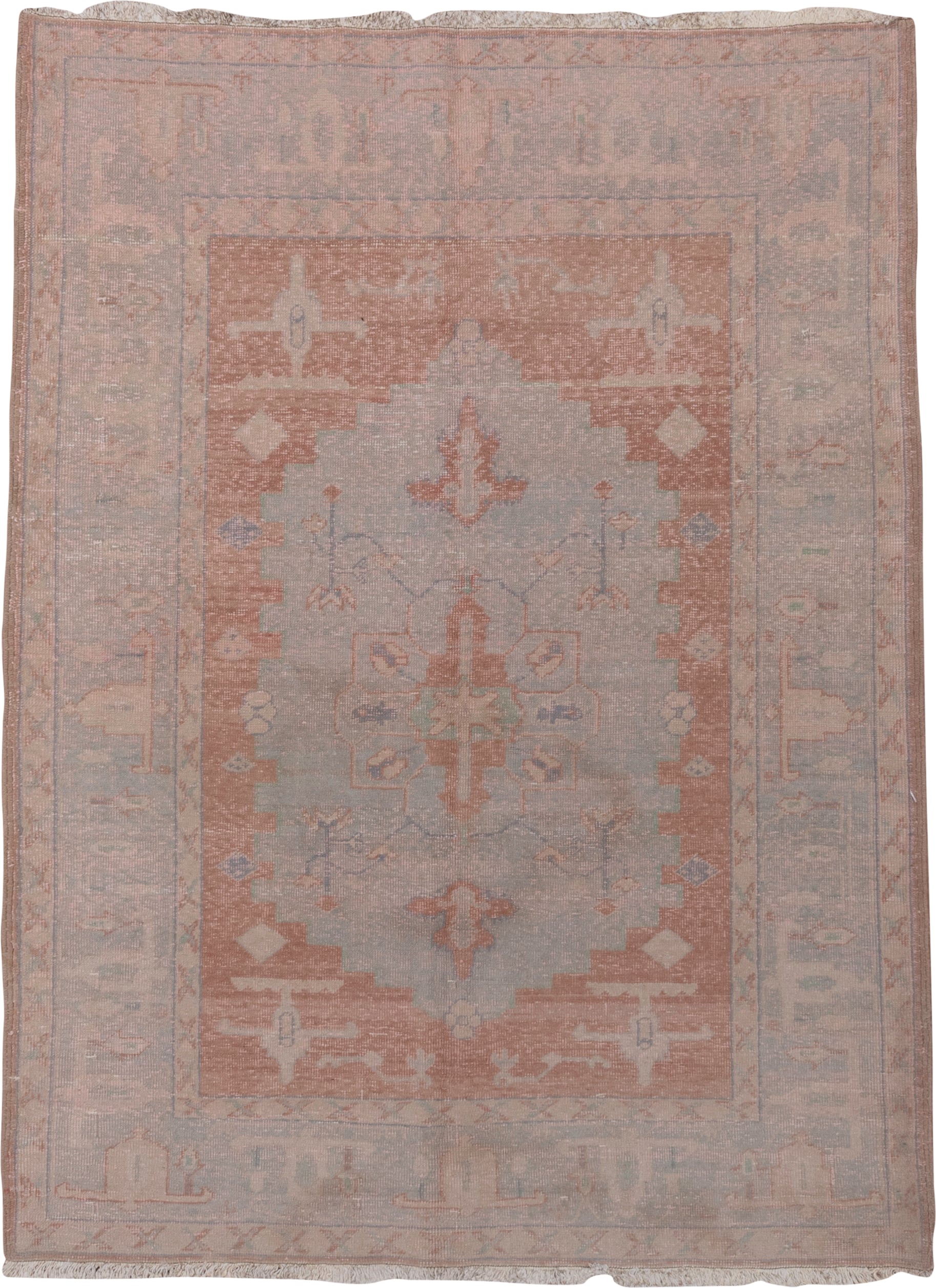 5' x 7' one-of-a-kind handmade vintage Oushak medium size rug. Color palette: blush, dusty rose, pale blue, ivory, taupe