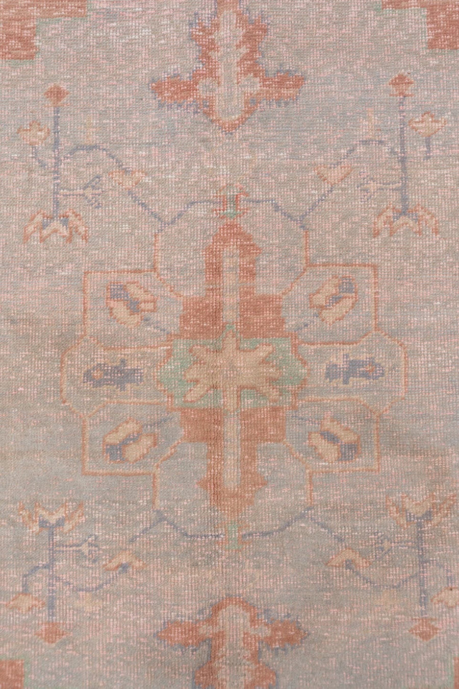 5' x 7' one-of-a-kind handmade vintage Oushak medium size rug. Color palette: blush, dusty rose, pale blue, ivory, taupe