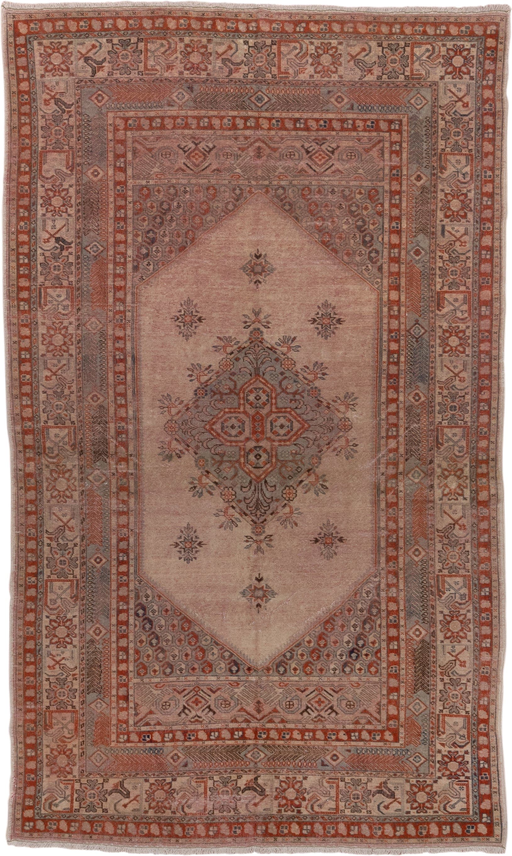 5' x 8' one-of-a-kind handmade antique Oushak medium size rug. Color palette: blush, rust, ivory, slate, taupe, terracotta