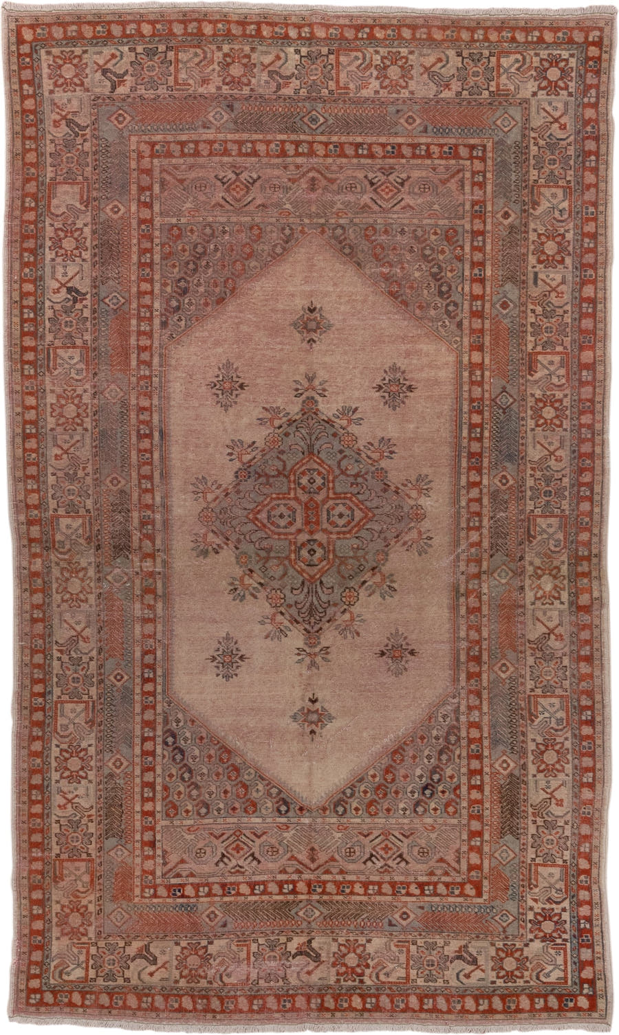 5' x 8' one-of-a-kind handmade antique Oushak medium size rug. Color palette: blush, rust, ivory, slate, taupe, terracotta