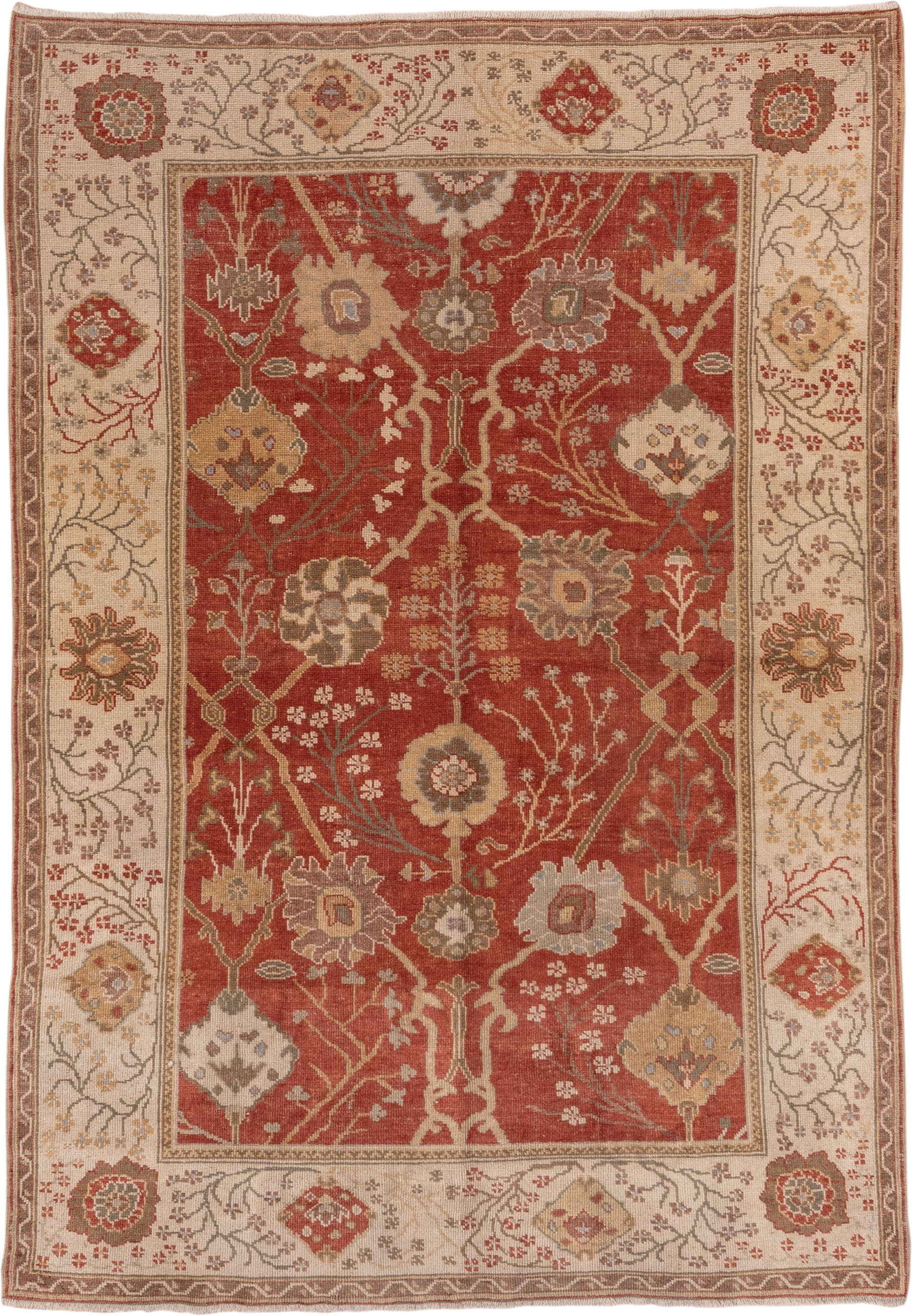 6' x 9' one-of-a-kind handmade vintage Oushak medium size rug. Color palette: terra cotta, ivory, taupe, sage, gold, rust