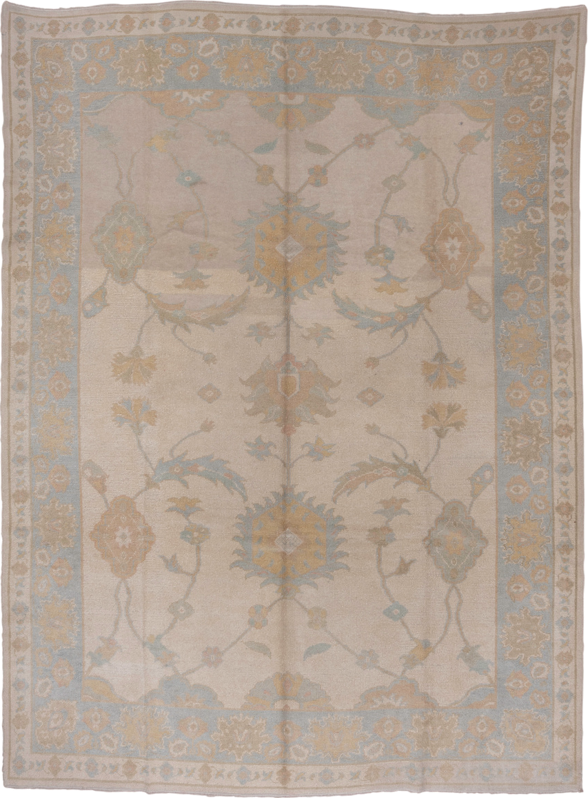 9' x 12' one-of-a-kind handmade vintage Oushak large size rug. Color palette: ivory, pale blue, taupe, gold, beige, sage