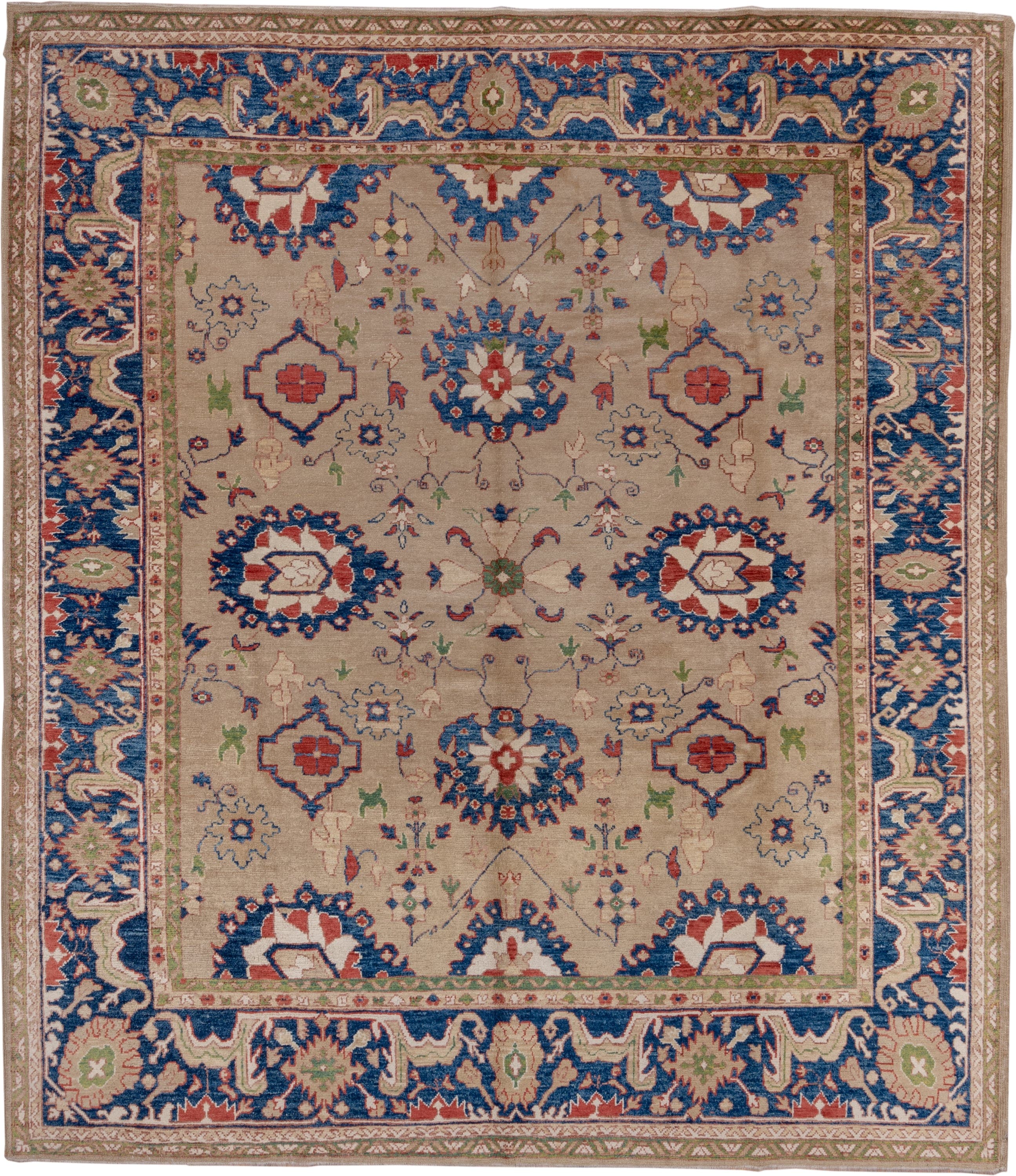 9' x 10' one-of-a-kind handmade vintage Oushak large size rug. Color palette: beige, cobalt, ivory, rust, sage, taupe, blue