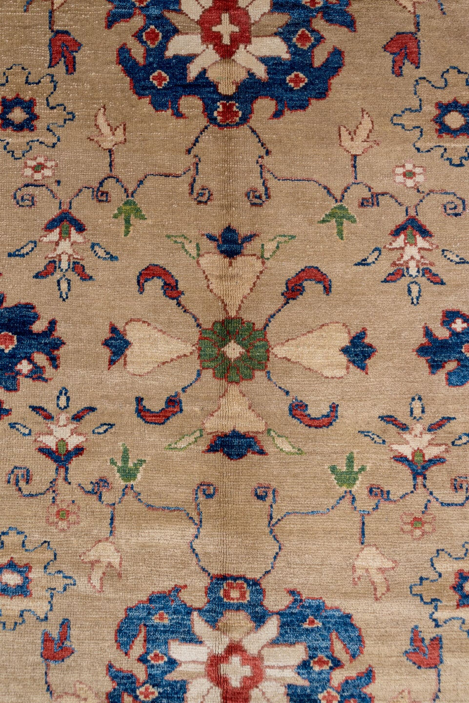 9' x 10' one-of-a-kind handmade vintage Oushak large size rug. Color palette: beige, cobalt, ivory, rust, sage, taupe, blue