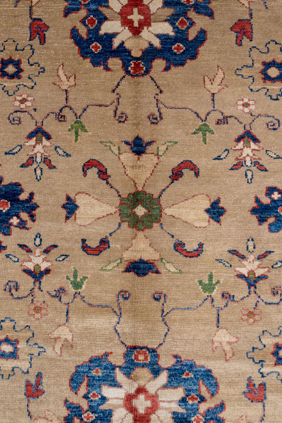 9' x 10' one-of-a-kind handmade vintage Oushak large size rug. Color palette: beige, cobalt, ivory, rust, sage, taupe, blue