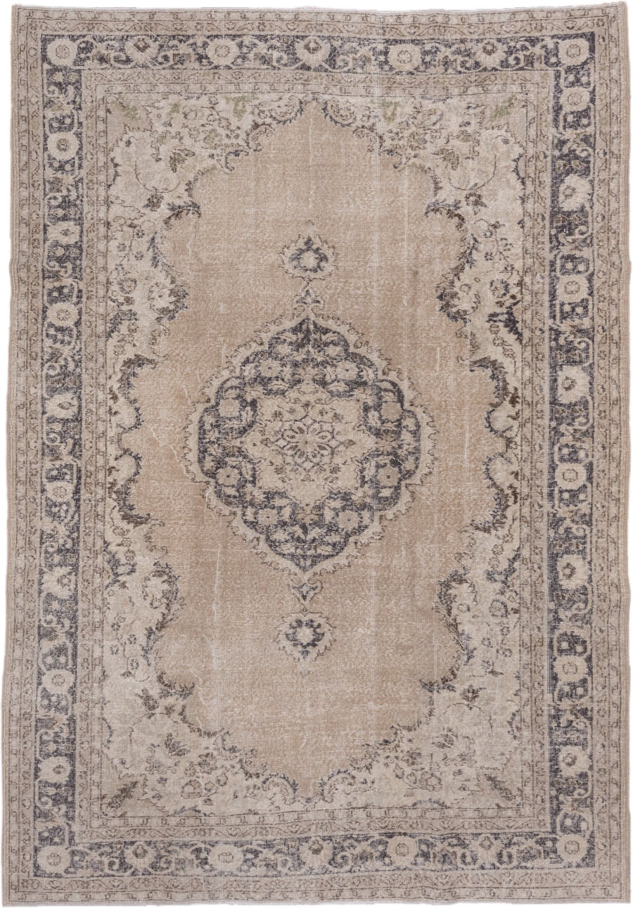 7' x 10' one-of-a-kind handmade vintage Oushak large size rug. Color palette: beige, ivory, charcoal, taupe, sage, gray