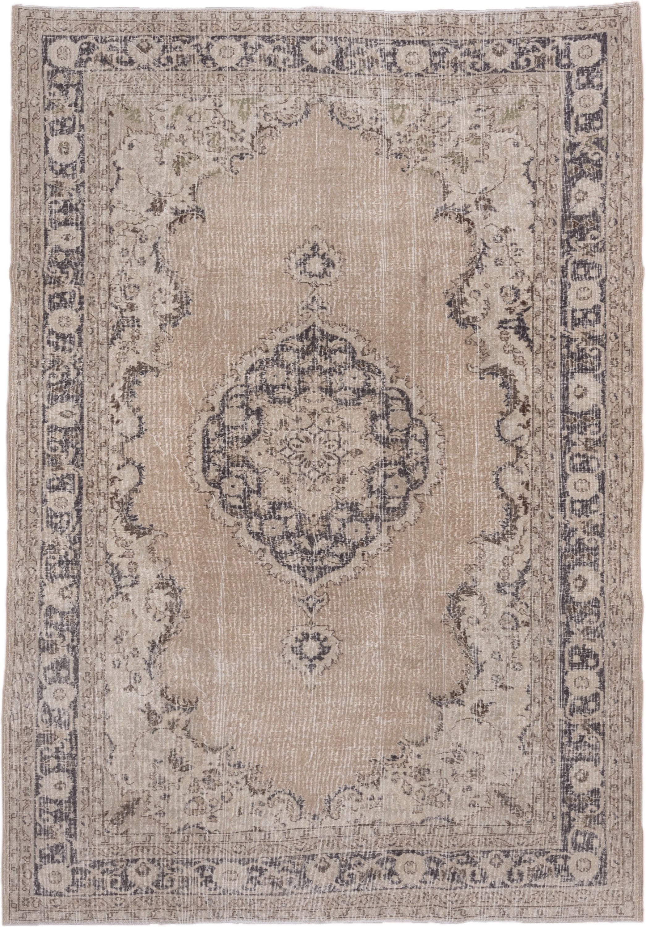 7' x 10' one-of-a-kind handmade vintage Oushak large size rug. Color palette: beige, ivory, charcoal, taupe, sage, gray