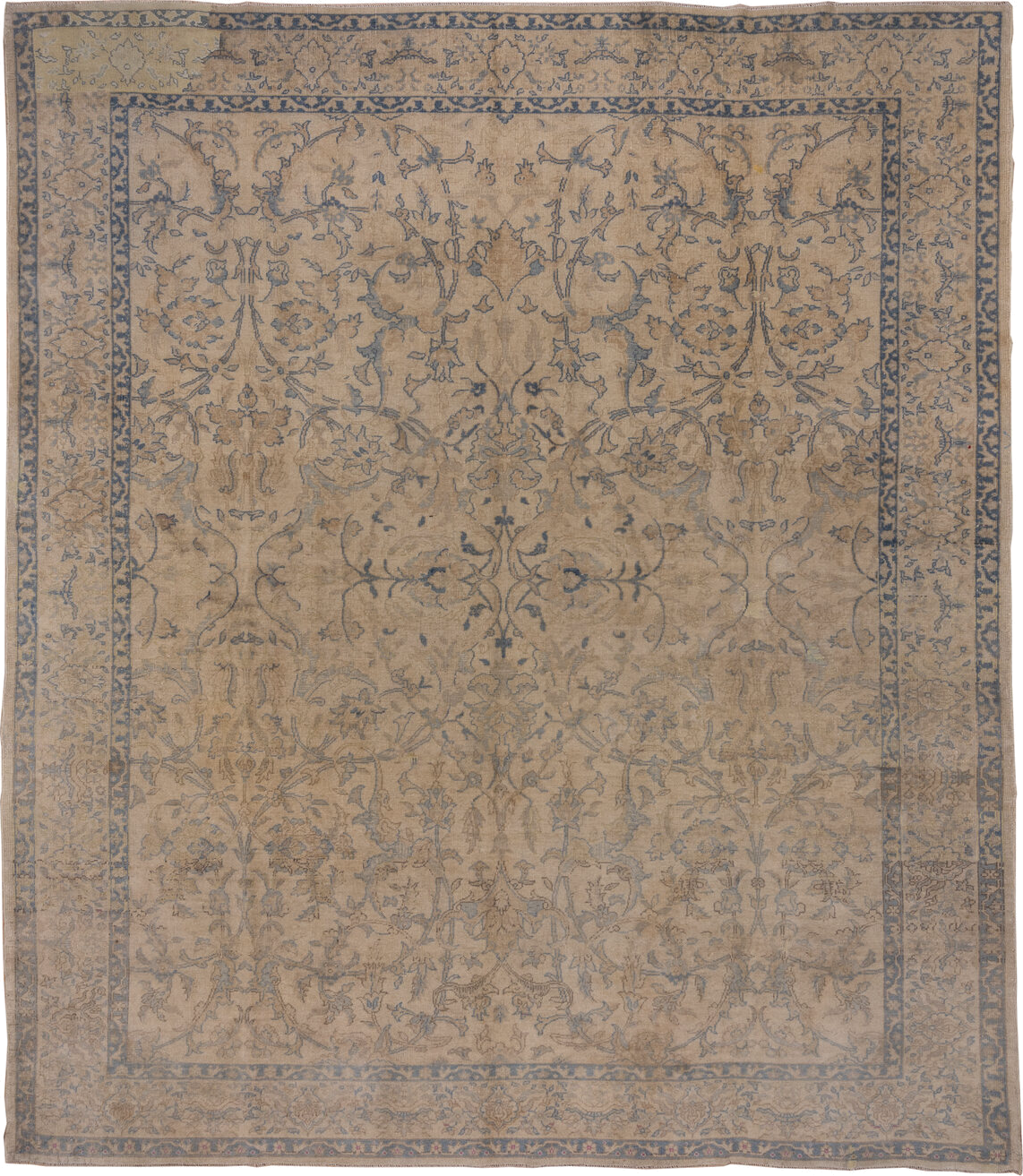 9' x 11' one-of-a-kind handmade vintage Oushak large size rug. Color palette: beige, taupe, slate, ivory, camel, blue, gray