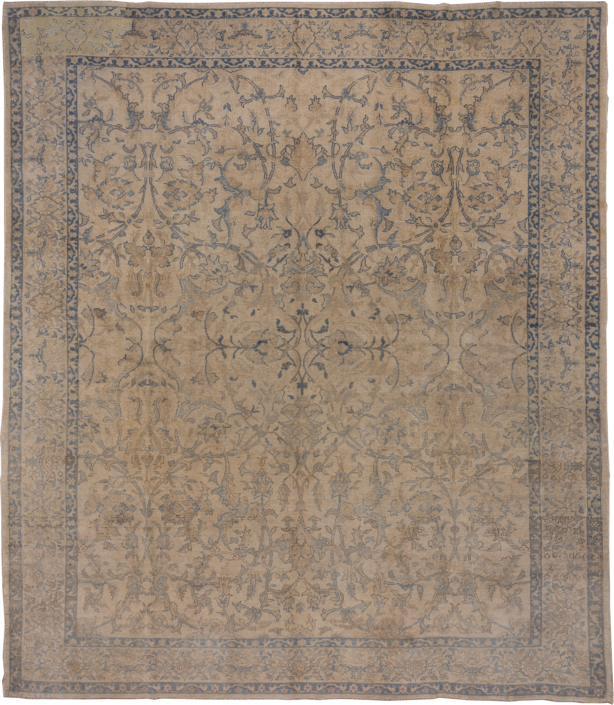 9' x 11' one-of-a-kind handmade vintage Oushak large size rug. Color palette: beige, taupe, slate, ivory, camel, blue, gray
