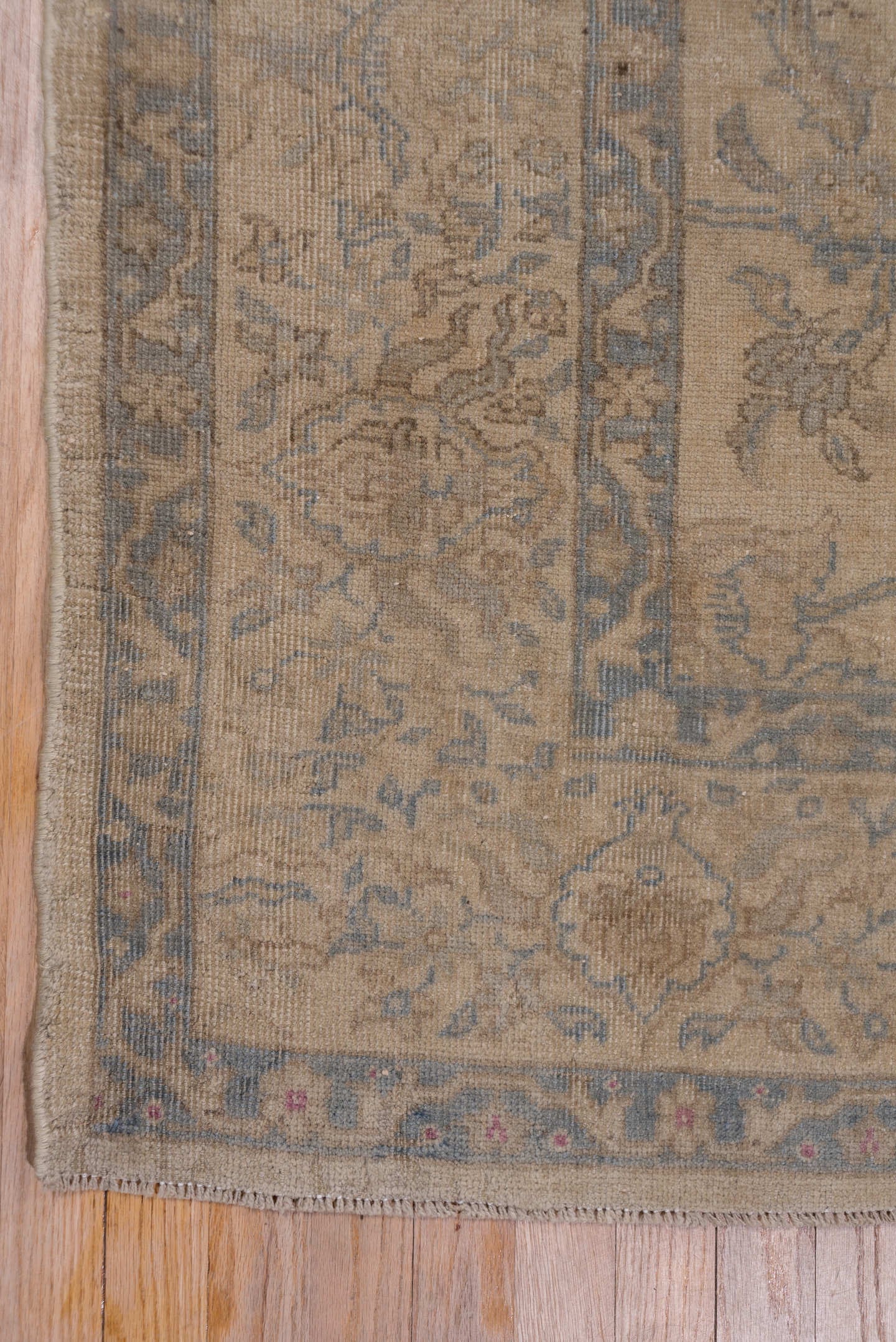 9' x 11' one-of-a-kind handmade vintage Oushak large size rug. Color palette: beige, taupe, slate, ivory, camel, blue, gray