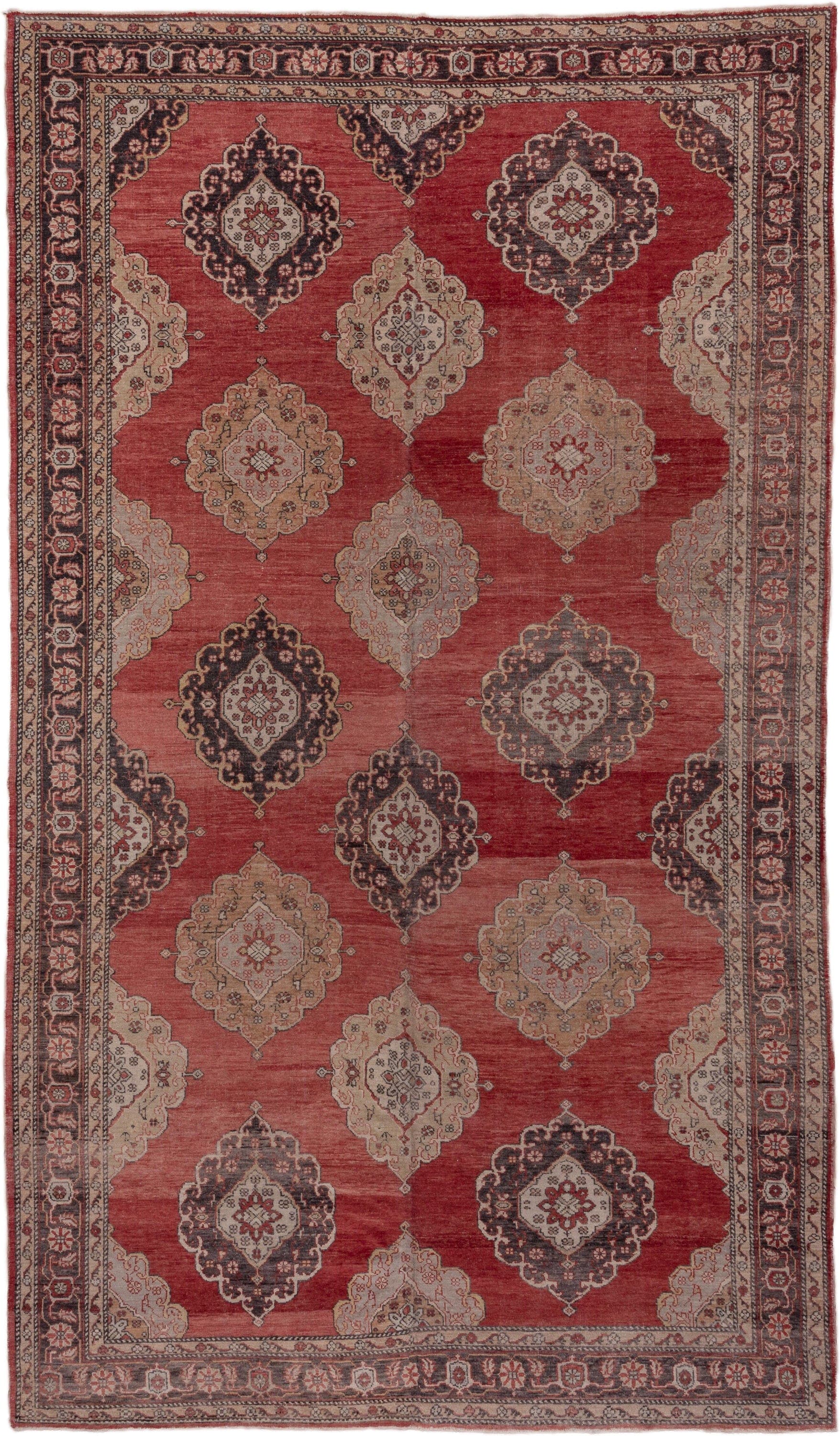 8' x 13' one-of-a-kind handmade vintage Oushak large size rug. Color palette: terra cotta, ivory, charcoal, taupe, rose