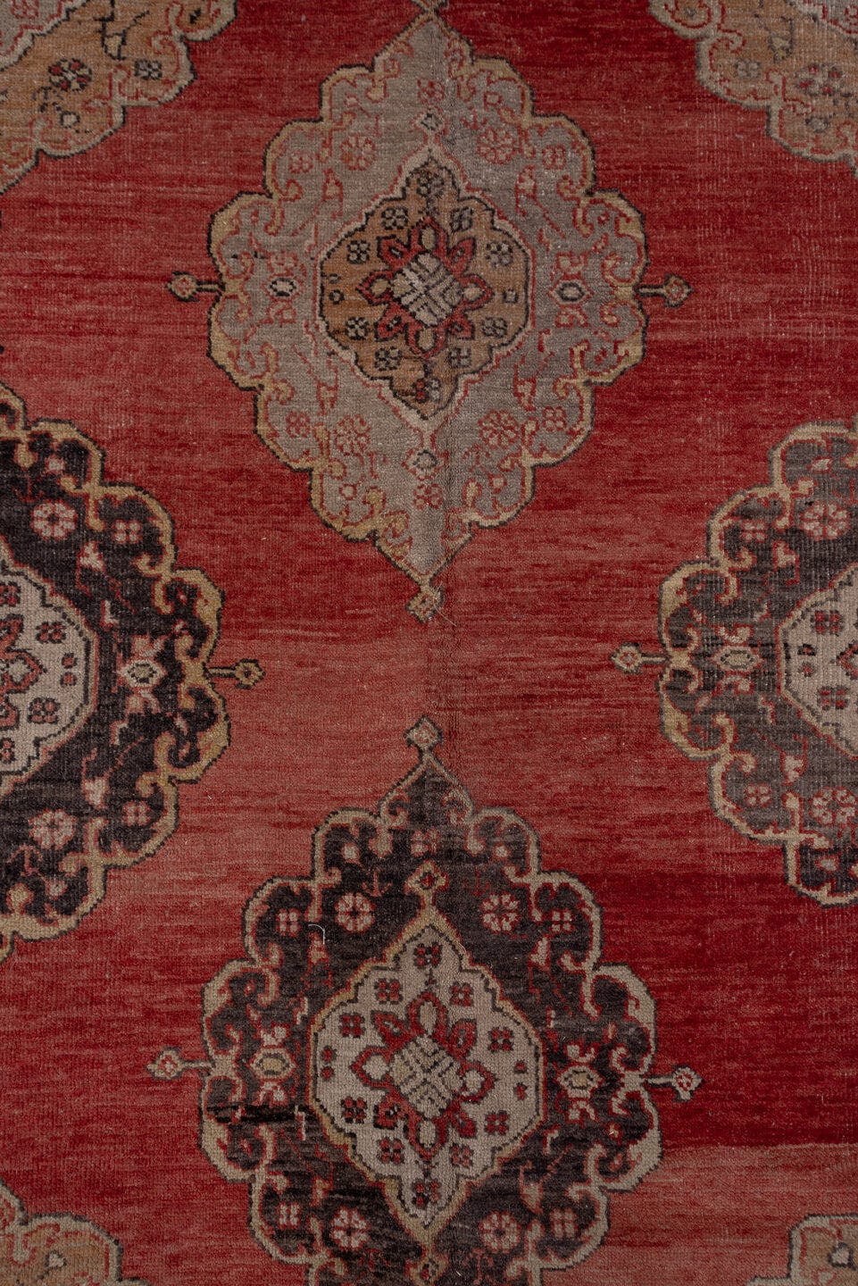8' x 13' one-of-a-kind handmade vintage Oushak large size rug. Color palette: terra cotta, ivory, charcoal, taupe, rose