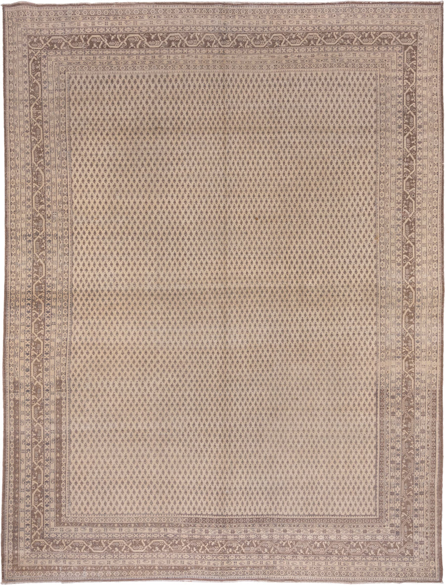 11' x 14' one-of-a-kind handmade vintage Sivas oversize rug. Color palette: ivory, taupe, brown, beige, camel, gray