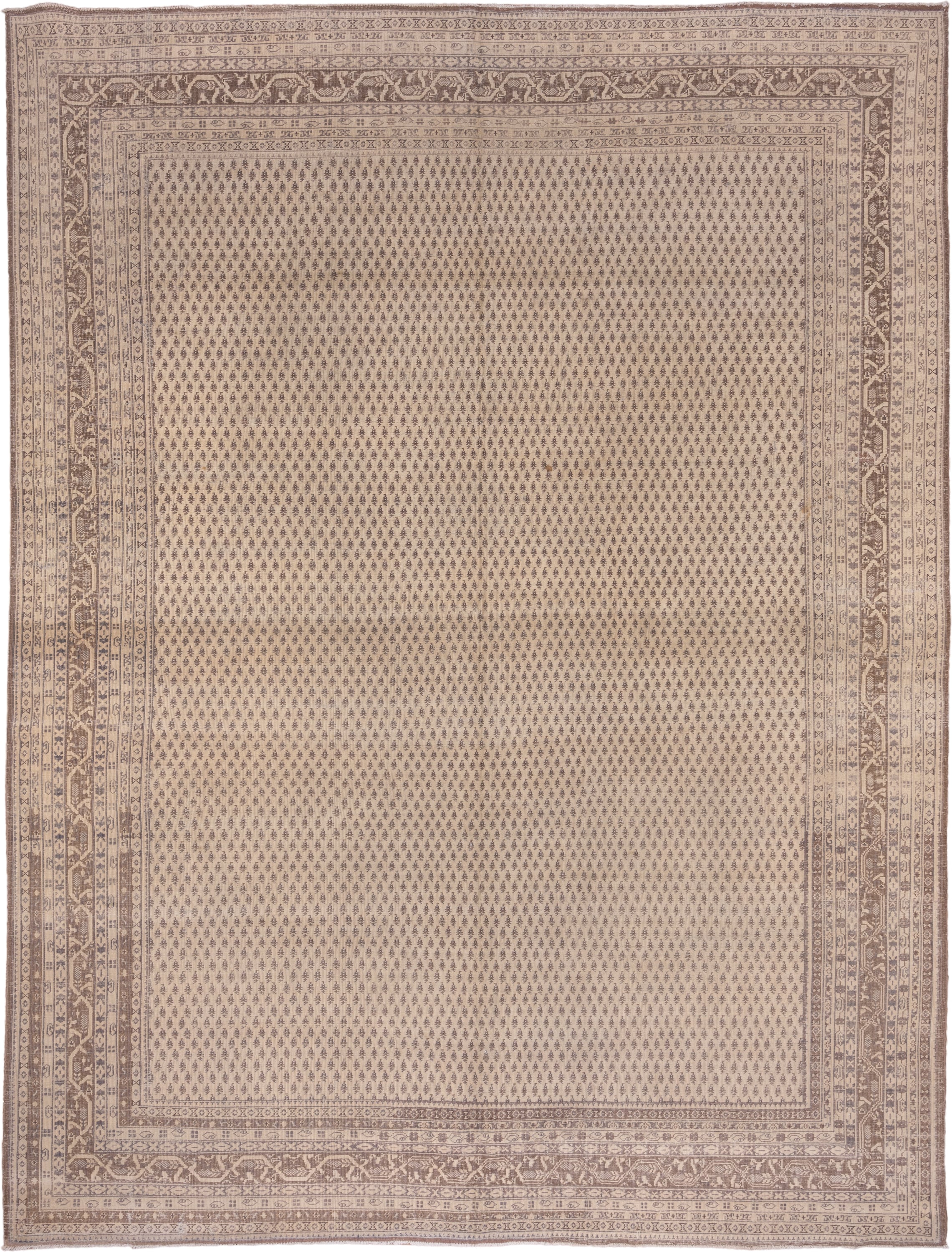 11' x 14' one-of-a-kind handmade vintage Sivas oversize rug. Color palette: ivory, taupe, brown, beige, camel, gray