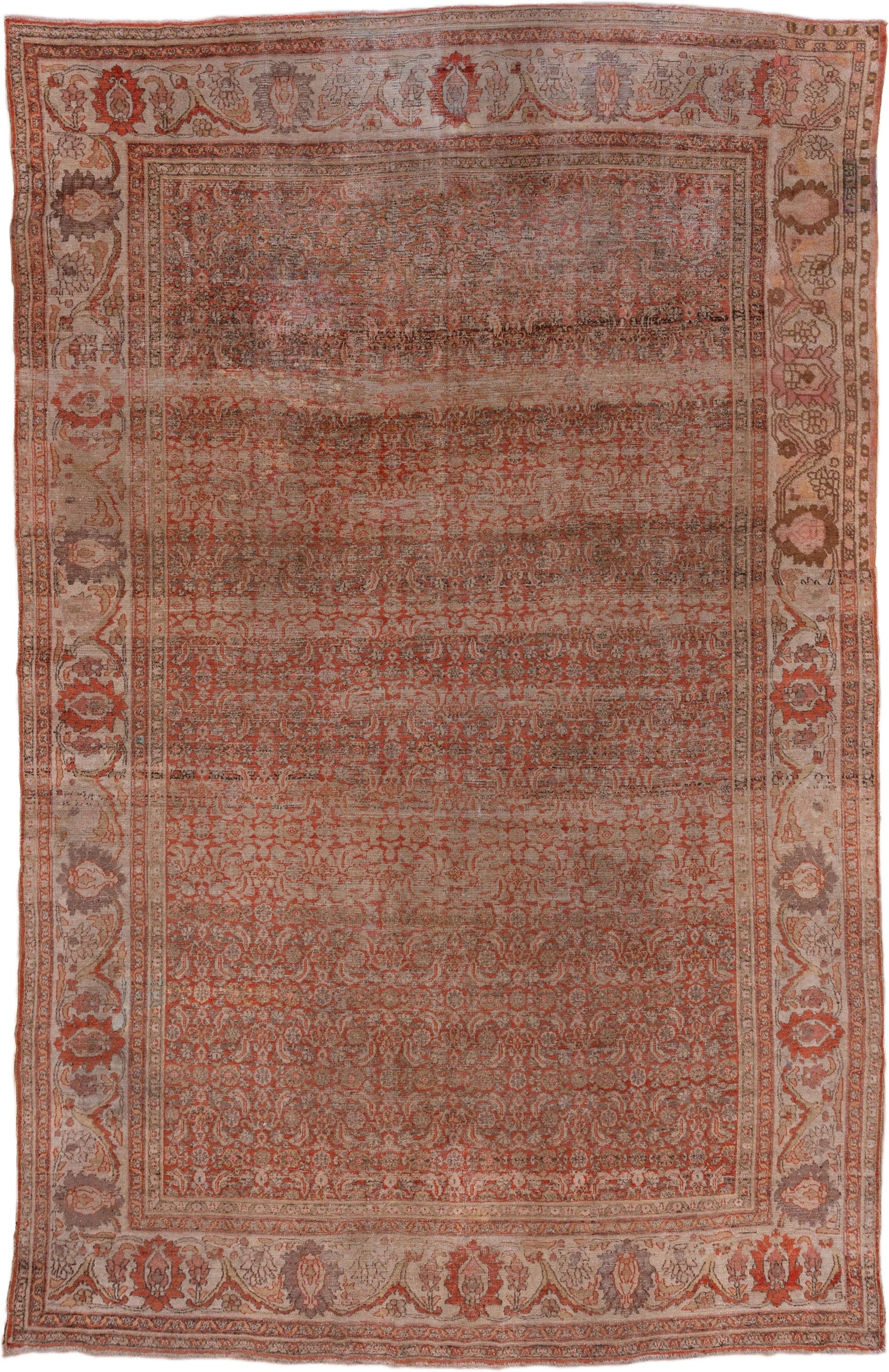 8' x 13' one-of-a-kind handmade antique Khorassan large size rug. Color palette: terra cotta, ivory, rose, taupe, sage, rust