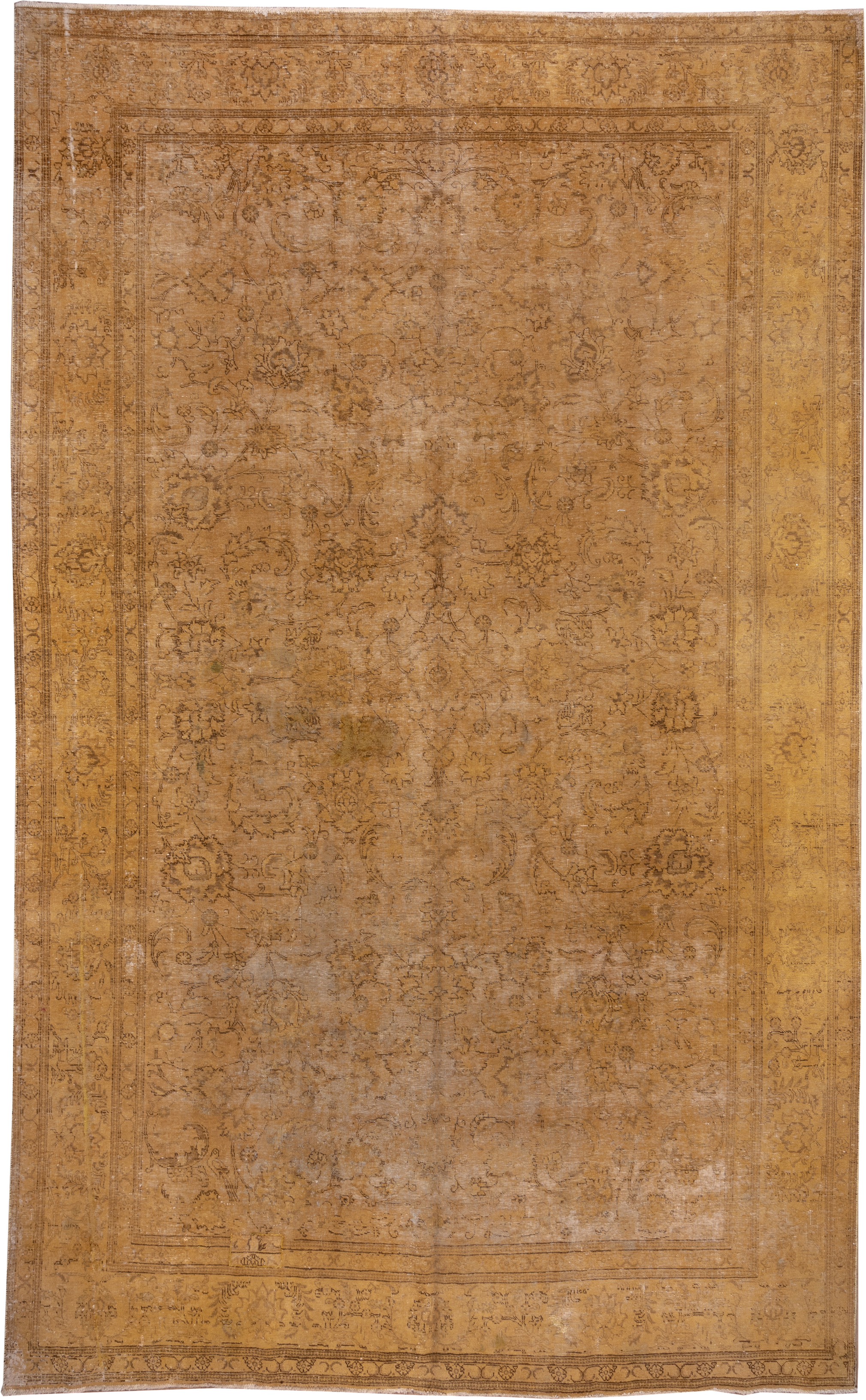 10' x 16' one-of-a-kind handmade vintage Tabriz rug. Color palette: camel, tan, taupe, brown, beige, ochre, gray, gold