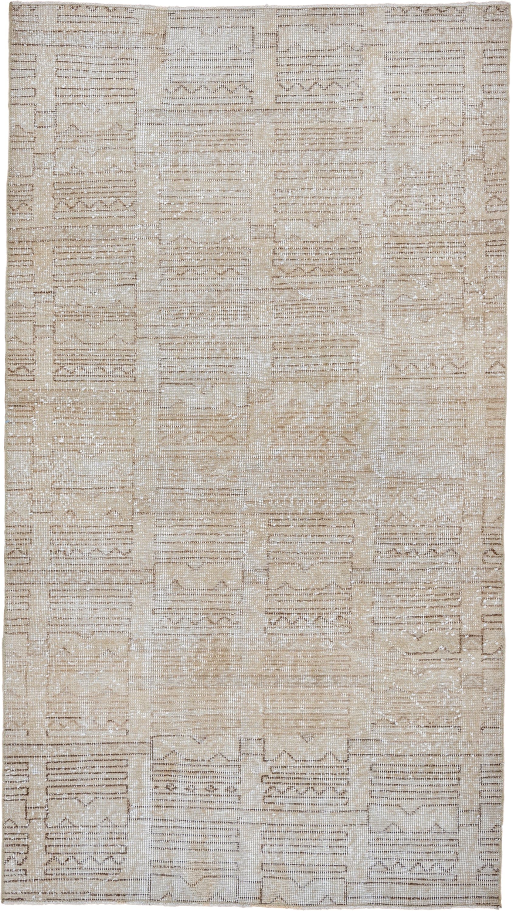 3' x 6' one-of-a-kind handmade vintage Oushak small size rug. Color palette: ivory, beige, taupe, sand, camel, gray