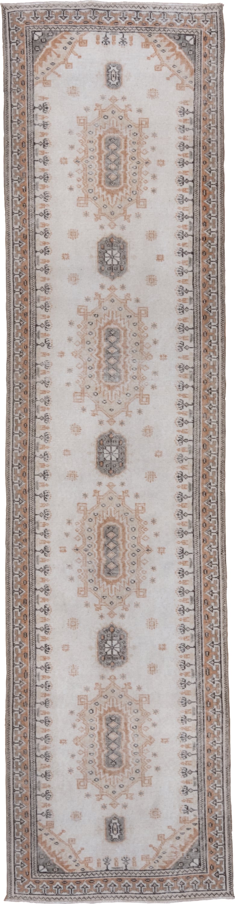 2' x 10' one-of-a-kind handmade vintage Oushak runner rug. Color palette: ivory, taupe, camel, gray, rust, beige, terracotta