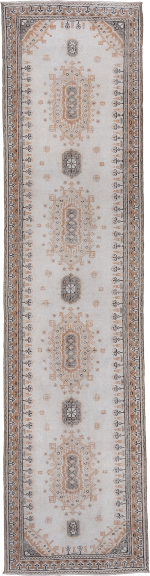 2' x 10' one-of-a-kind handmade vintage Oushak runner rug. Color palette: ivory, taupe, camel, gray, rust, beige, terracotta