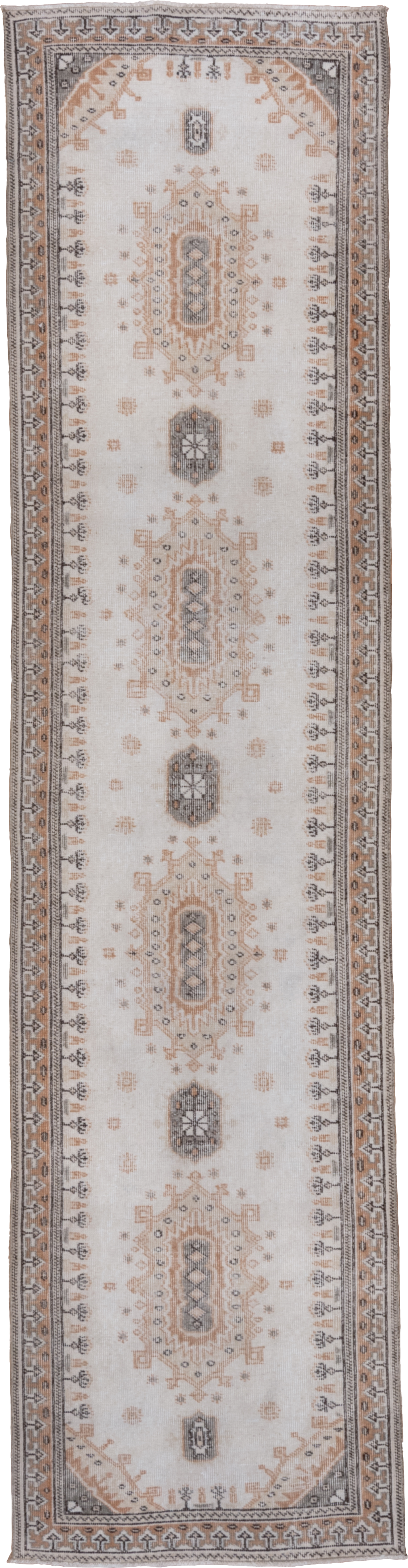 2' x 10' one-of-a-kind handmade vintage Oushak runner rug. Color palette: ivory, taupe, camel, gray, rust, beige, terracotta