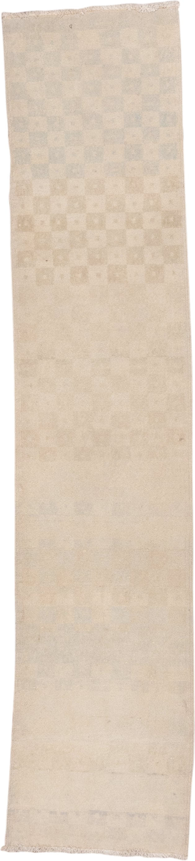 1' x 8' one-of-a-kind handmade vintage Oushak rug. Color palette: ivory, cream, beige, taupe, pale gold, light gray, gray