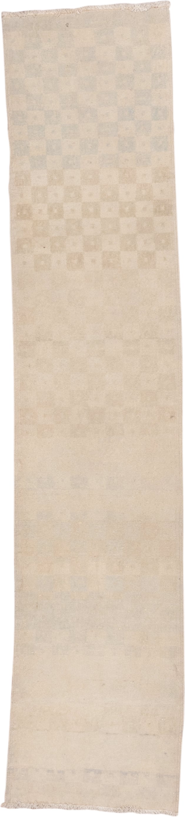 1' x 8' one-of-a-kind handmade vintage Oushak rug. Color palette: ivory, cream, beige, taupe, pale gold, light gray, gray